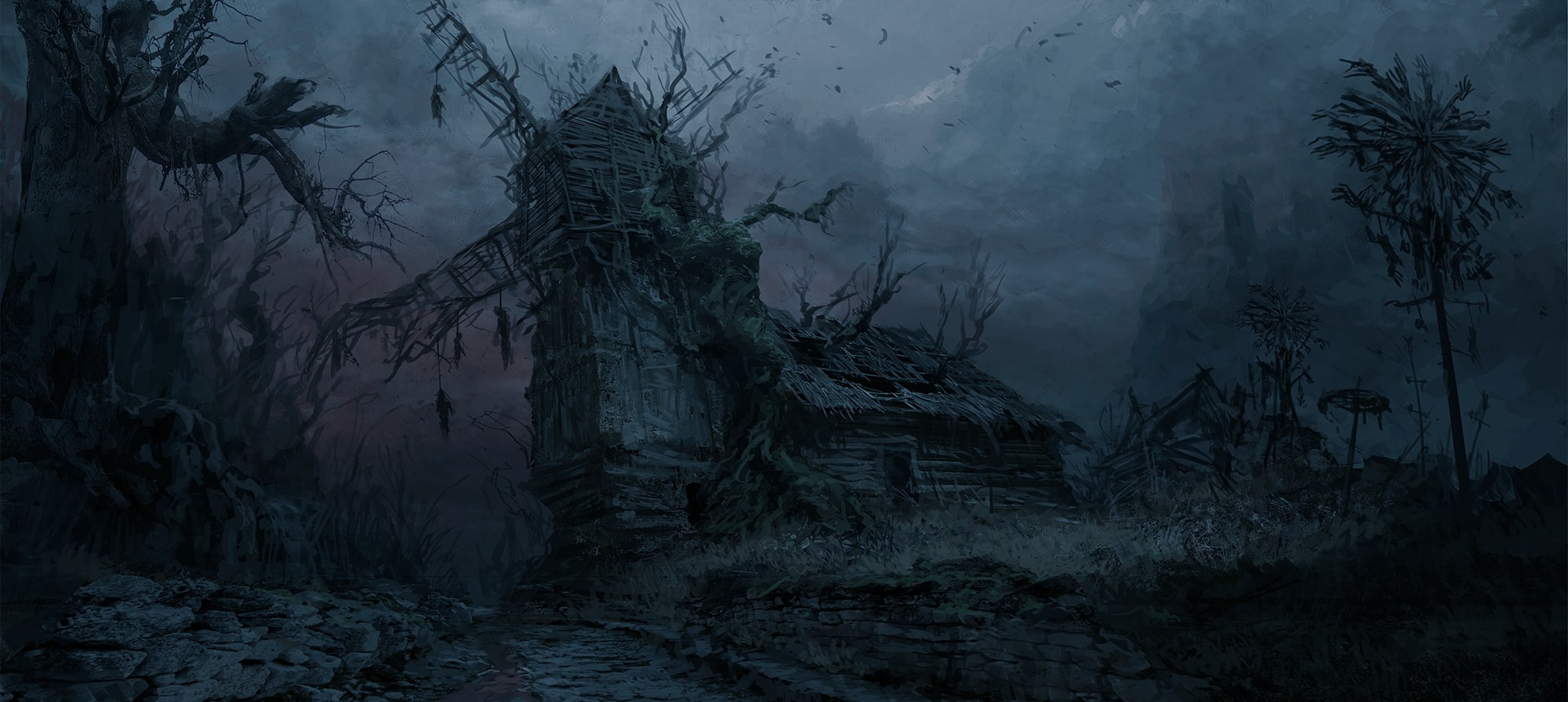 An abandoned farm house with the signs of despair hanging from the the windmills remains in the world of The Lords of the Fallen