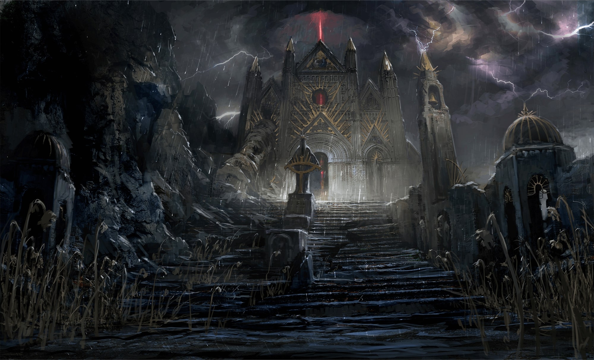 The beacon looms over the staircase of the crusader must ascend to complete their quest in the world of The Lords of the Fallen