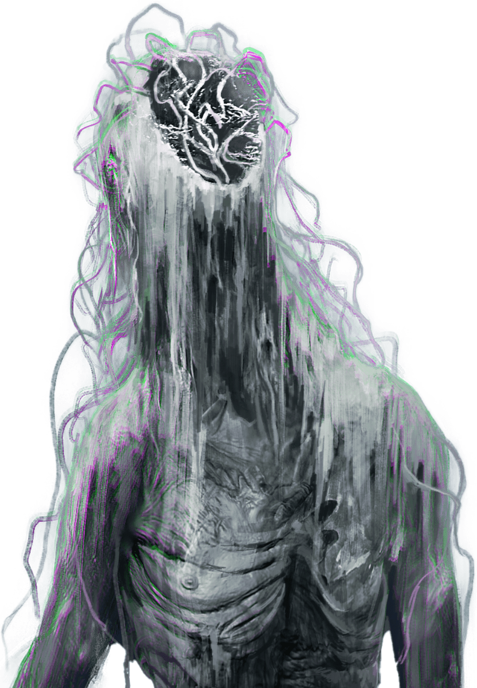 A figure corrupted in the realm of umbral, part of his head can be seen missing with wisps branching out around its body from the world of The Lords of the Fallen